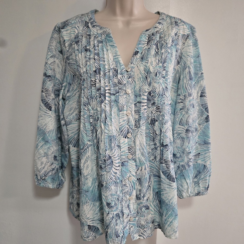 Chico's Sz 1 US 8/10 (M) Blue Multi Nautical Shell Linen Blend Button Blouse